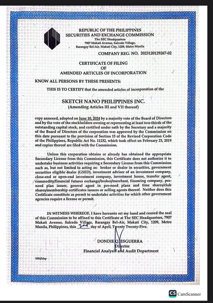 SEC Certificate of Filing of Amended Articles
